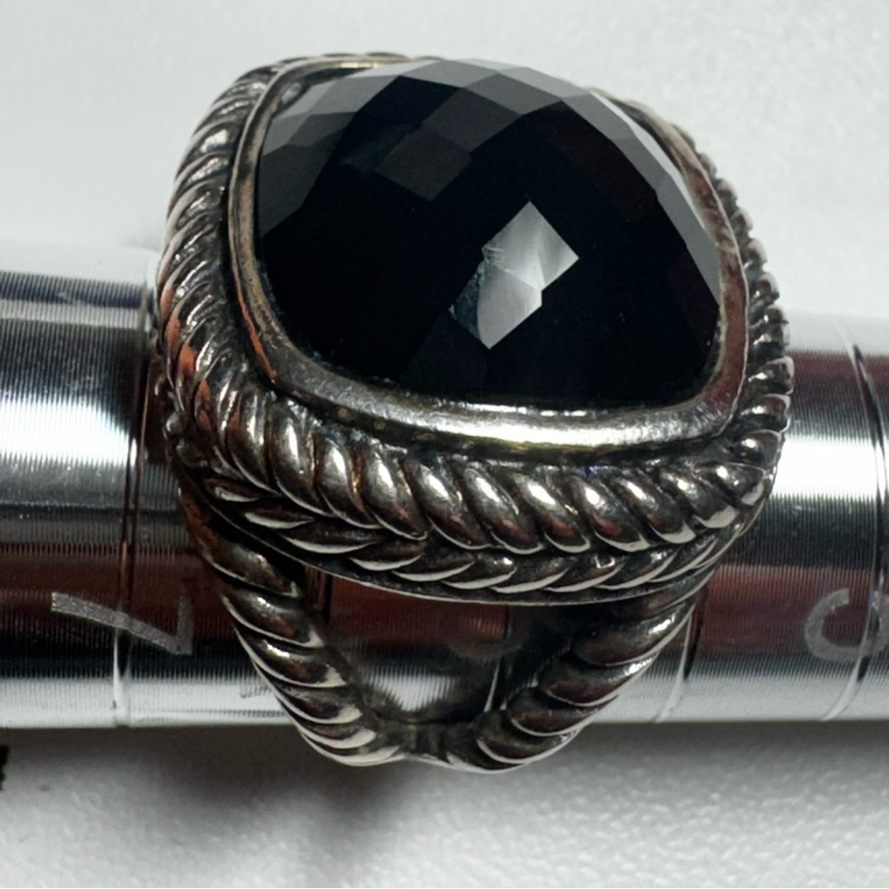 VTG Silver Braided Metal Ring Size 6 with Black Onyx Gemstone Boho Vintage Style